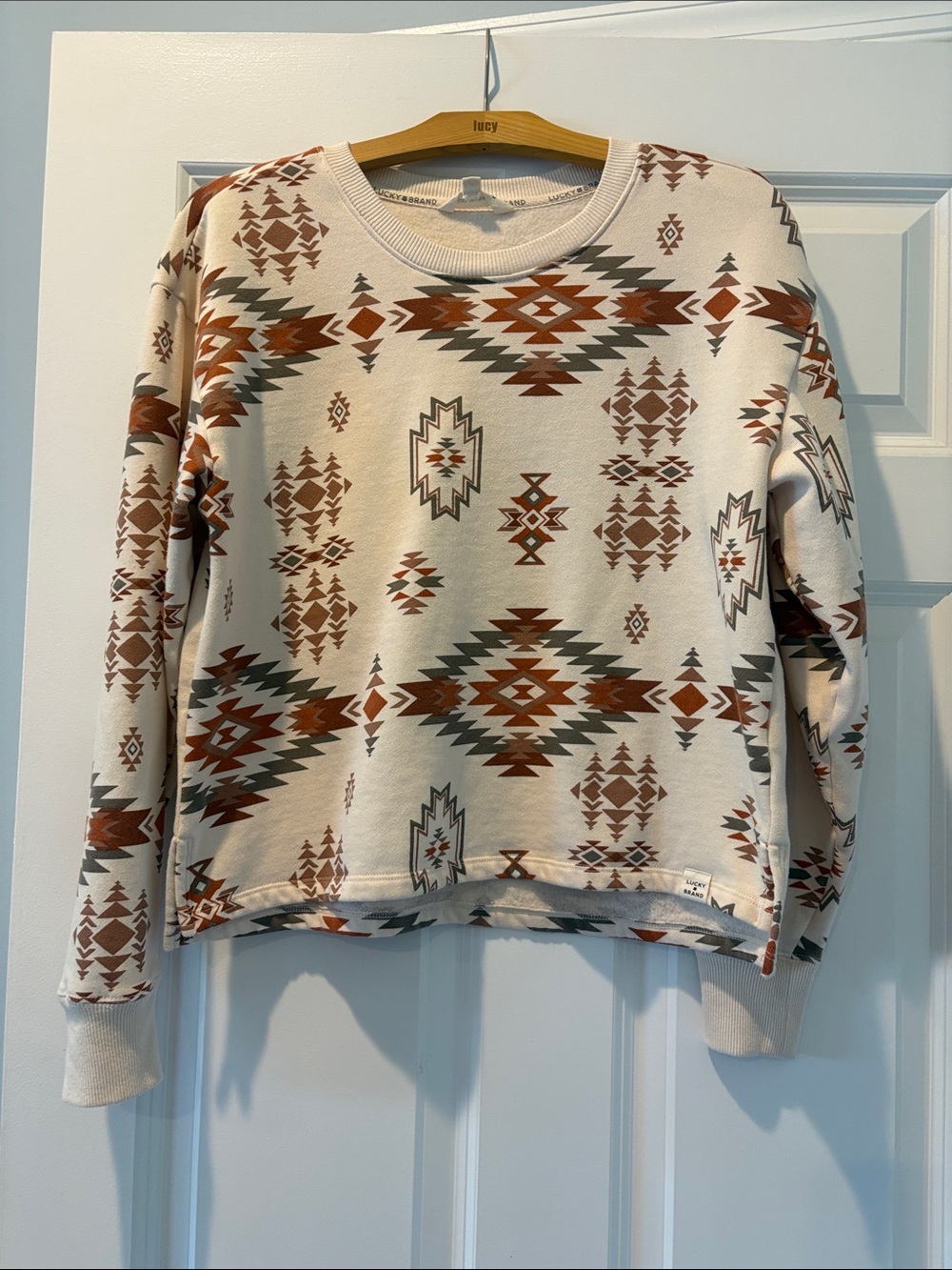 Lucky Brand Aztec Crewneck Sweater - Cream, Rust & Olive